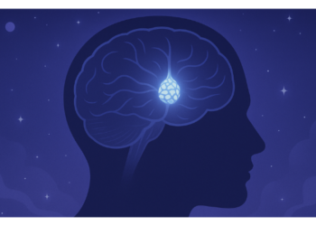 Silhouette of a human head with glowing pineal gland at the center, surrounded by a cosmic background
