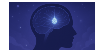 Silhouette of a human head with glowing pineal gland at the center, surrounded by a cosmic background